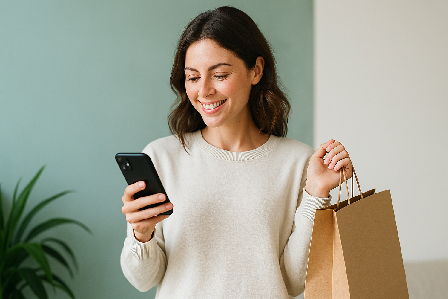 Hero image with woman shopping online with phone and shopping bag