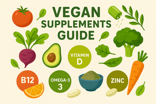 Vegan supplements guide infographic showing essential nutrients for plant-based diets