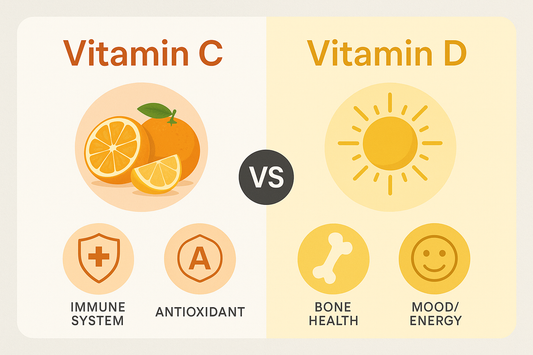 Vitamin C vs Vitamin D comparison infographic showing benefits and sources